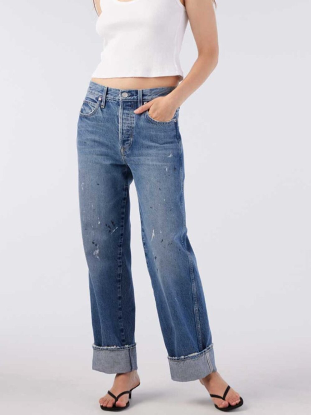 AMO Sonia Cuffed Jean Shatter Paint Splatter Denim Size 28